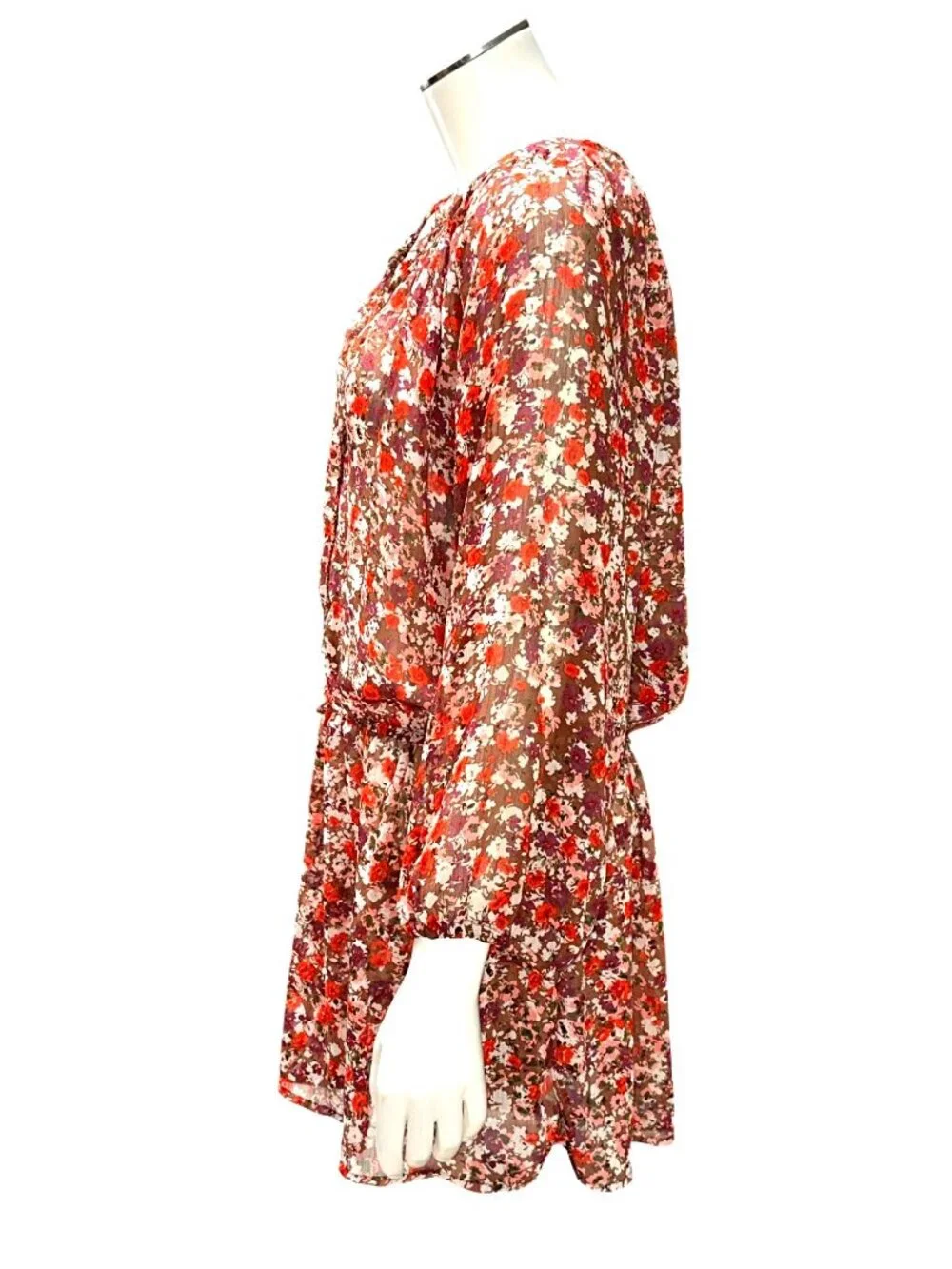 Mossimo Supply Co XXL Brown Red Floral Dress Elastic Waist Long Sleeve Casual Fi - Picture 3 of 9